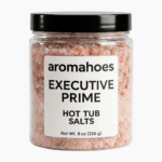 Aromahoes Executive Prime luxury hot tub aromatherapy salts - 8oz bold mineral soak with wooden scoop, filter-safe for home spas and hot tubs.