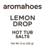 Lemon Drop luxury hot tub salts label - aromatherapy citrus mineral soak, 8oz filter-safe spa salts, handcrafted in North Providence, RI.