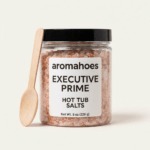 aromahoes Executive Prime hot tub salts - 8oz jar with wooden scoop, filter-safe mineral spa aromatherapy.