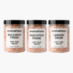 Three 8oz jars of Aromahoes Hot Tub Salts: Baccarat Fresh, Executive Prime, and Lemon Drop on a clean white background
