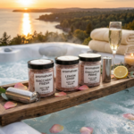 Three 8oz jars of aromahoes Hot Tub Salts on a wooden spa tray with two stainless steel canisters, a glass of champagne, and rose petals at sunset.