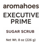 Label for aromahoes Executive Prime Sugar Scrub label with minimalist white design and bold black text.